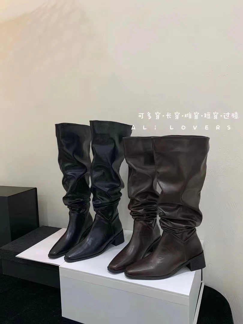 棕色复古粗跟高筒靴过膝靴女靴子早秋款黑色百搭瘦瘦靴堆堆靴长靴