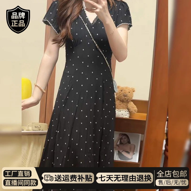 法式黑色波点v领连衣裙子女夏季2026新款设计感小众掐腰显瘦长裙