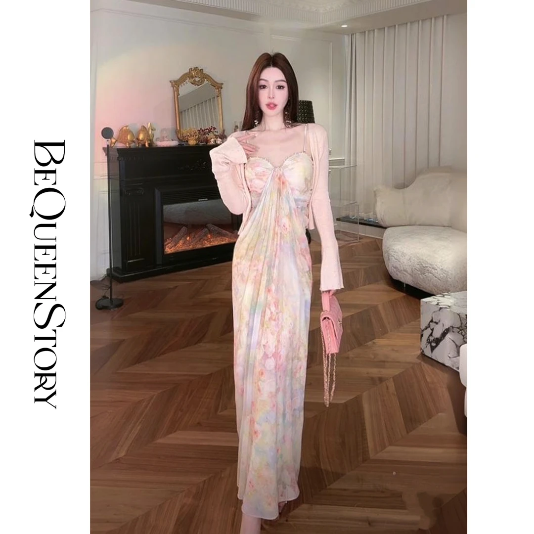BeQueenStory【玫瑰梦境】欧若风不规则抽皱可拆卸肩带连衣裙2025