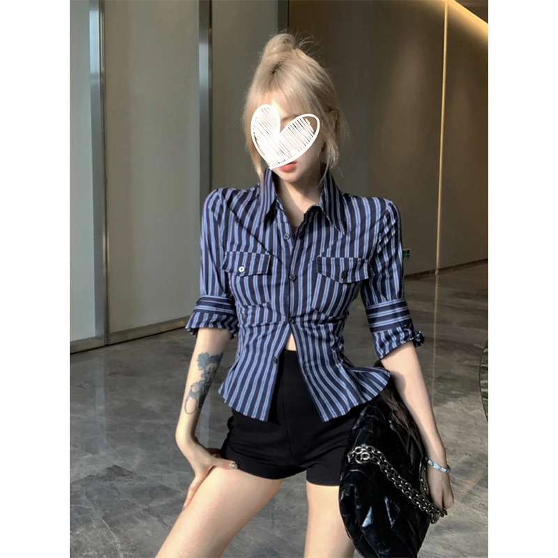 学院风撞色条纹polo领长袖衬衫女夏季七分袖修身收腰衬衣上衣