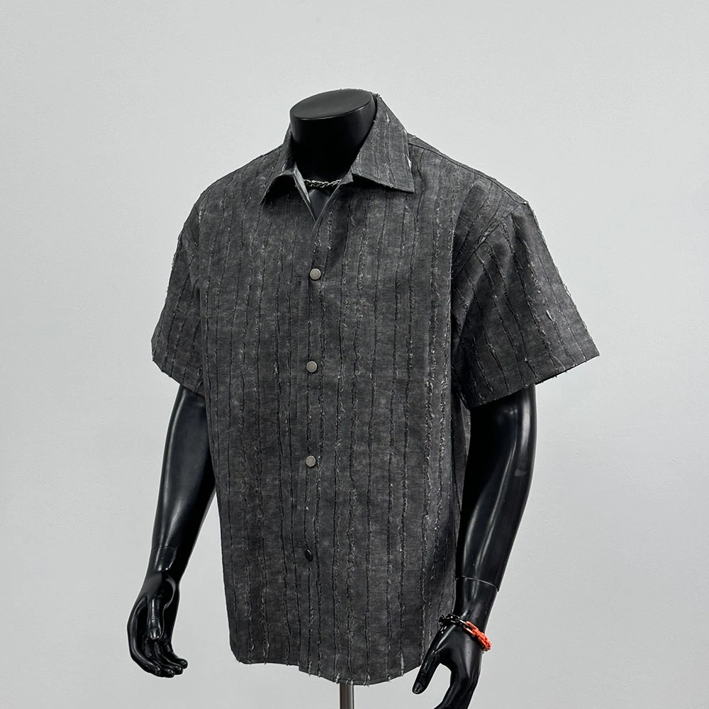 2025年夏季新款美式潮牌痞帅线条毛边复古上衣男灰色衬衫男CS1157
