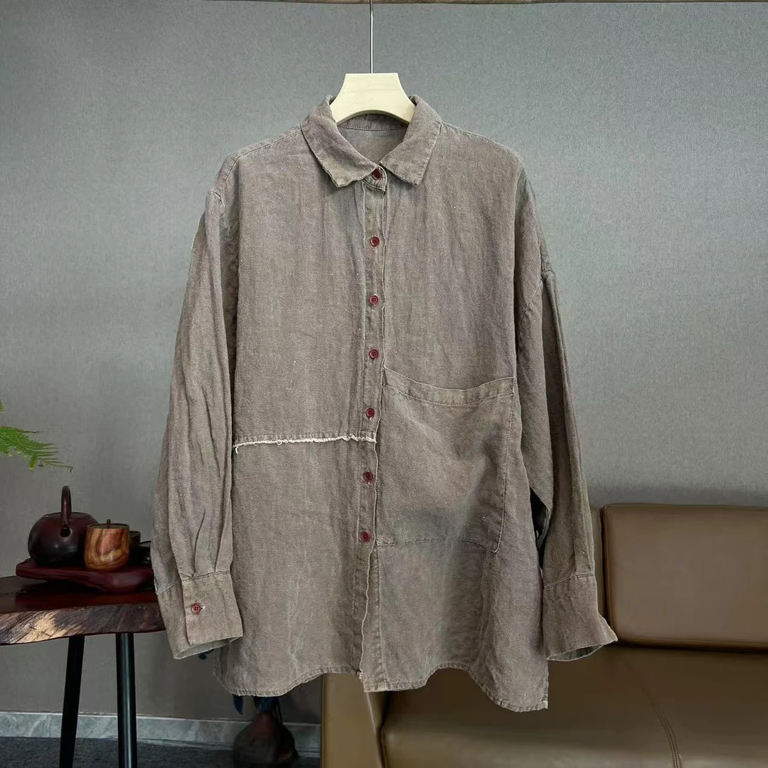 【隐叙原创】YX0512新款亚麻时尚设计感翻领宽松落肩袖排扣衬衫上衣