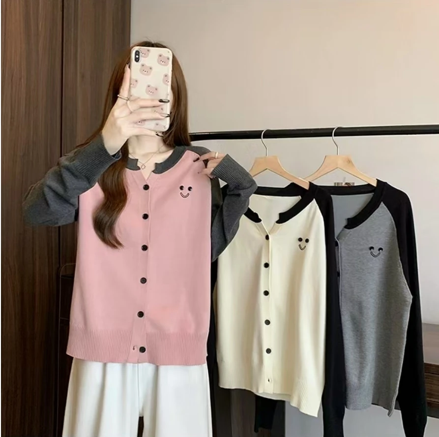 8199#大码女装胖mm韩版圆领插肩袖撞色针织毛衣外套秋冬显瘦百搭