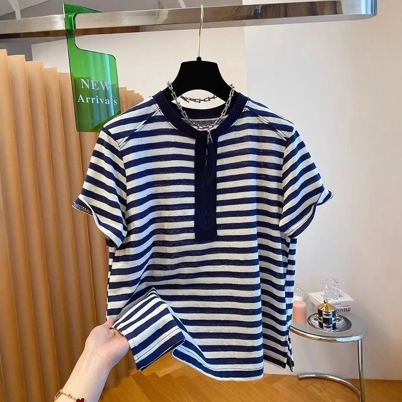 超大码240斤条纹短袖t恤女夏季宽松韩系设计感夏季百搭圆领上衣