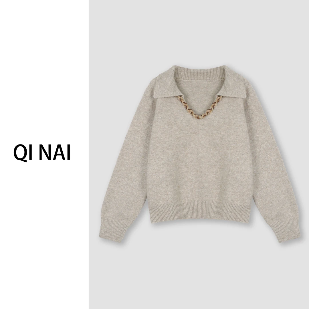 七奈推荐【时城】时尚百搭V领洋气减龄兔绒针织上衣QN12094