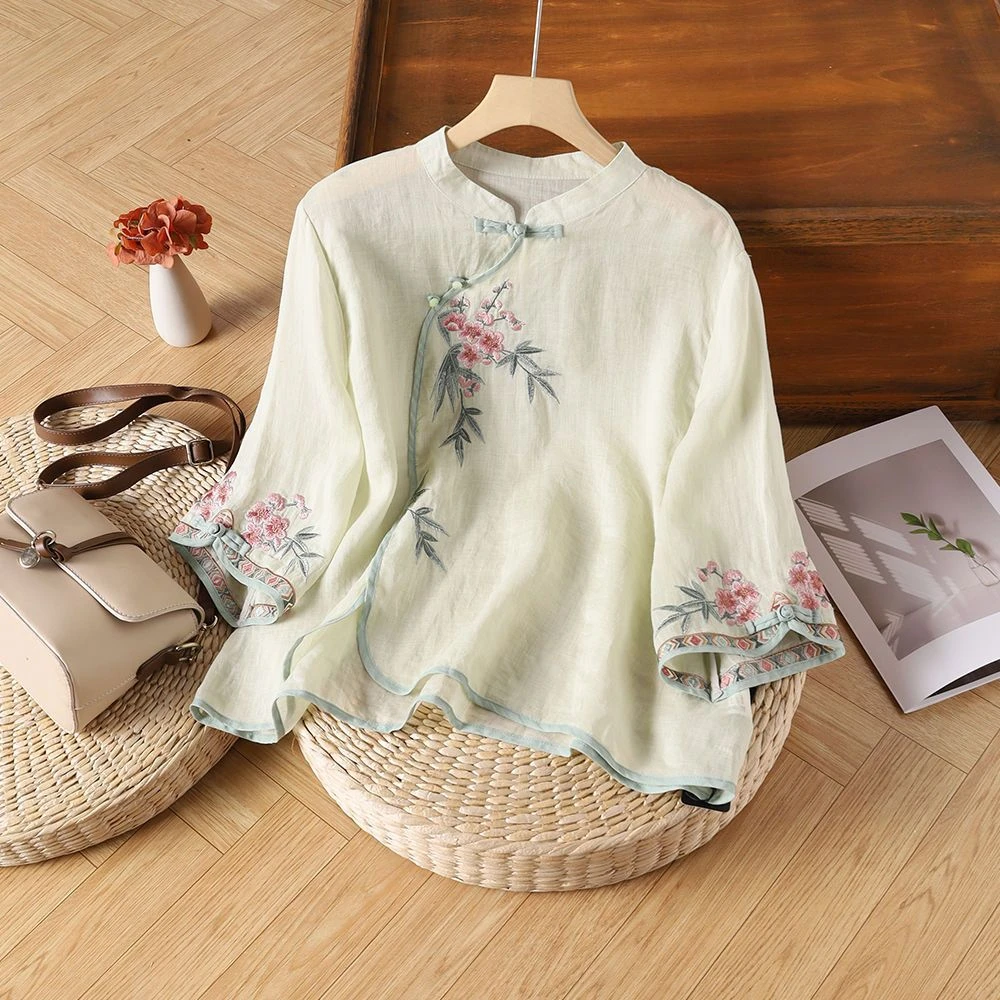 国风上衣棉麻刺绣衬衫女民族风夏季新中式斜襟盘扣衬衣高端文艺