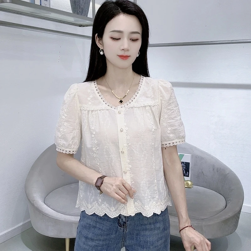 夏季新款显瘦短袖法式减龄洋气设计感衬衫上衣时尚百搭小众泡泡袖