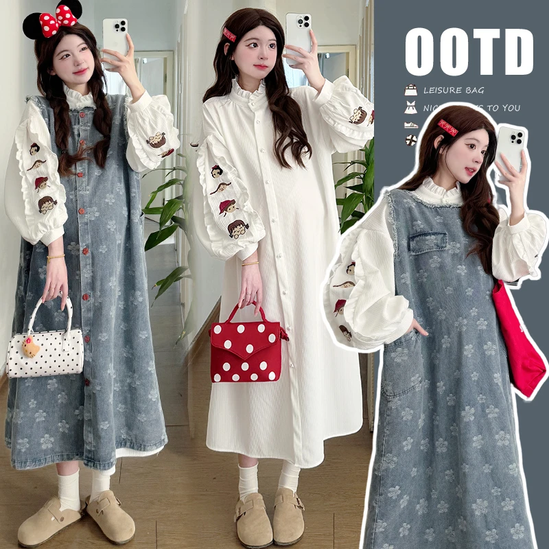 2025春季新品刺绣衬衣连衣裙+前后可穿花朵牛仔背心裙宽松时尚