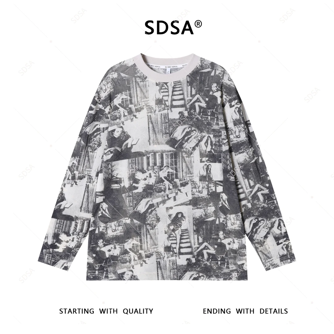 SDSA秋季新款男士痞帅设计师慵懒风人像设计圆领长袖T恤百搭时尚