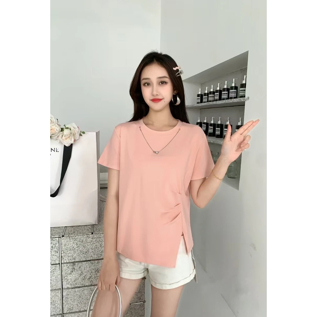【晨浠定制】新款时尚百搭下摆不规则链条T恤312