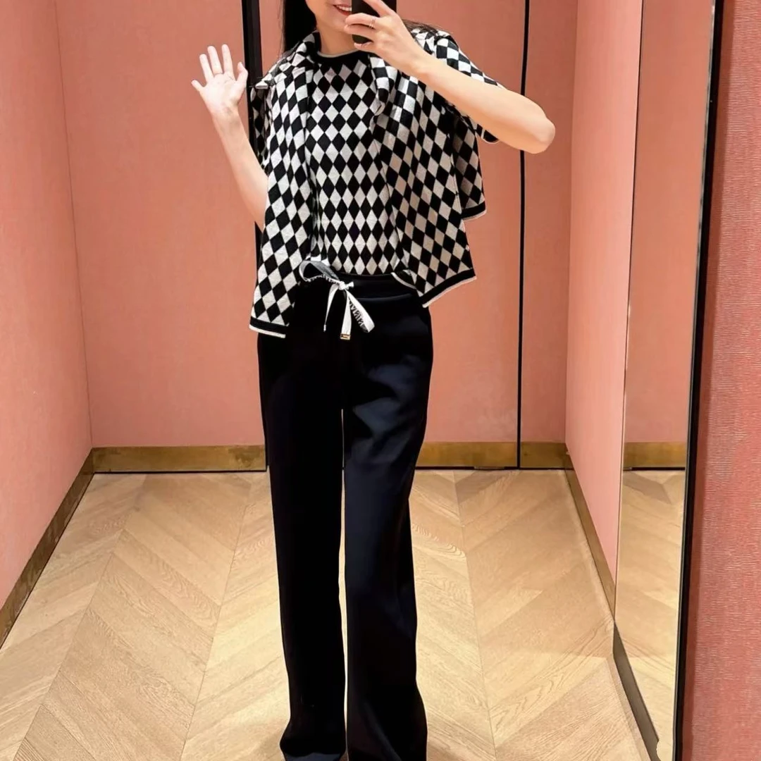 针织衫-25017黑白棋盘格圆领短袖