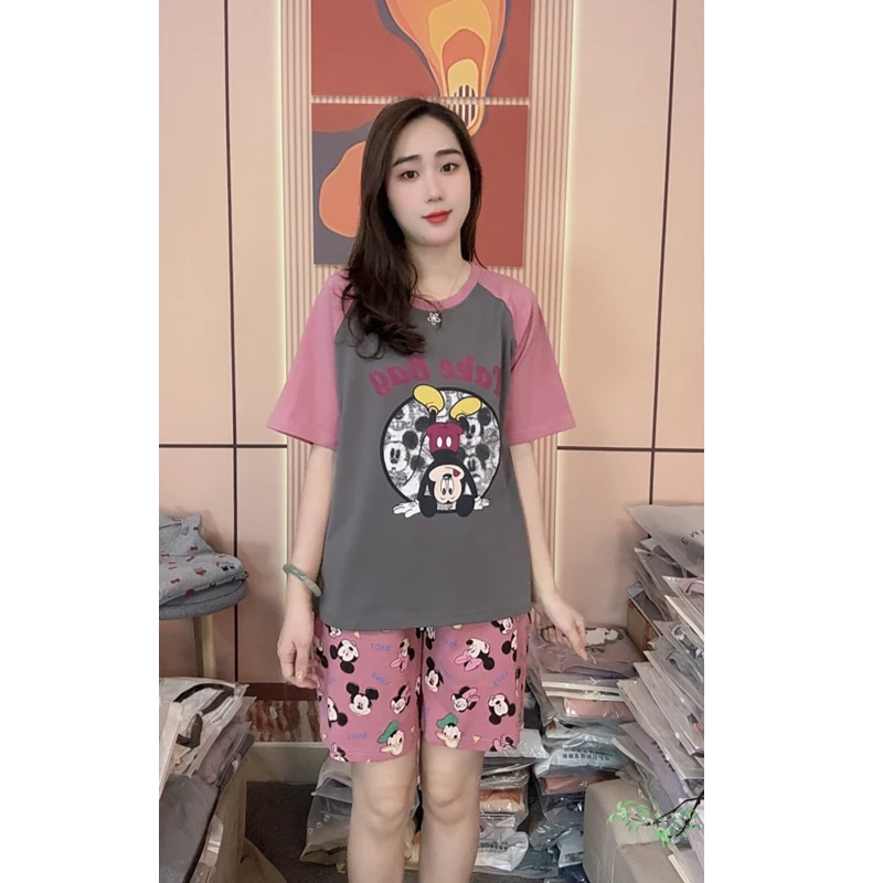 睡衣女夏季新款纯棉短袖短裤休闲可外穿家居服套装（漫步米奇）