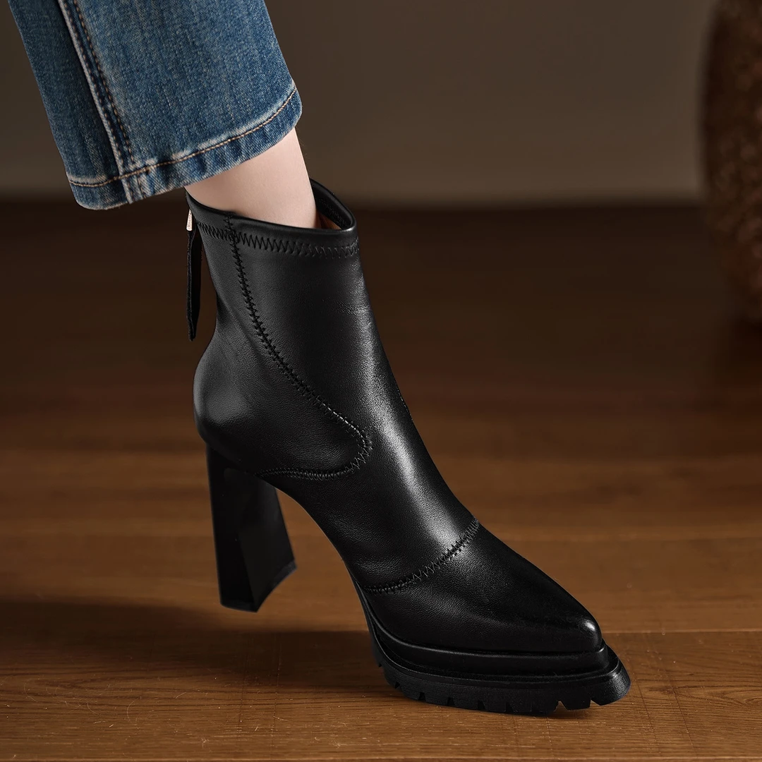 2025秋冬新款真皮尖头时装靴羊皮防水台高跟短靴真皮马丁靴烟筒靴