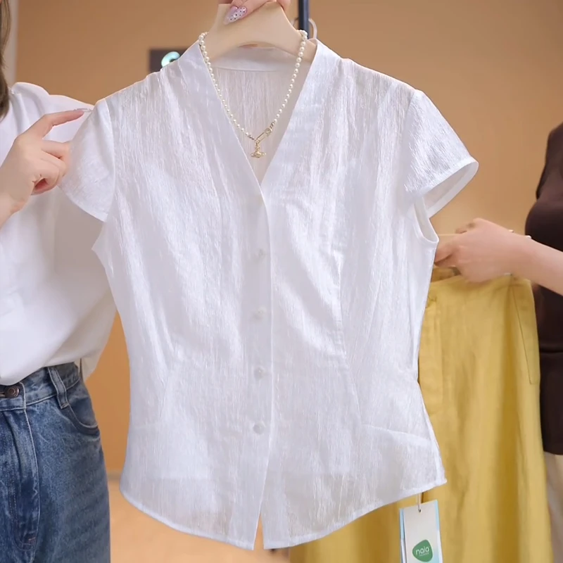 进口珠光醋酸白色短款不透肉夏季衬衫V领收腰薄款舒适短袖衬衣