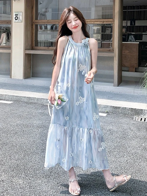 【780单件连衣裙】碎花长裙小清新蓝色挂脖连衣裙立体花无袖法式