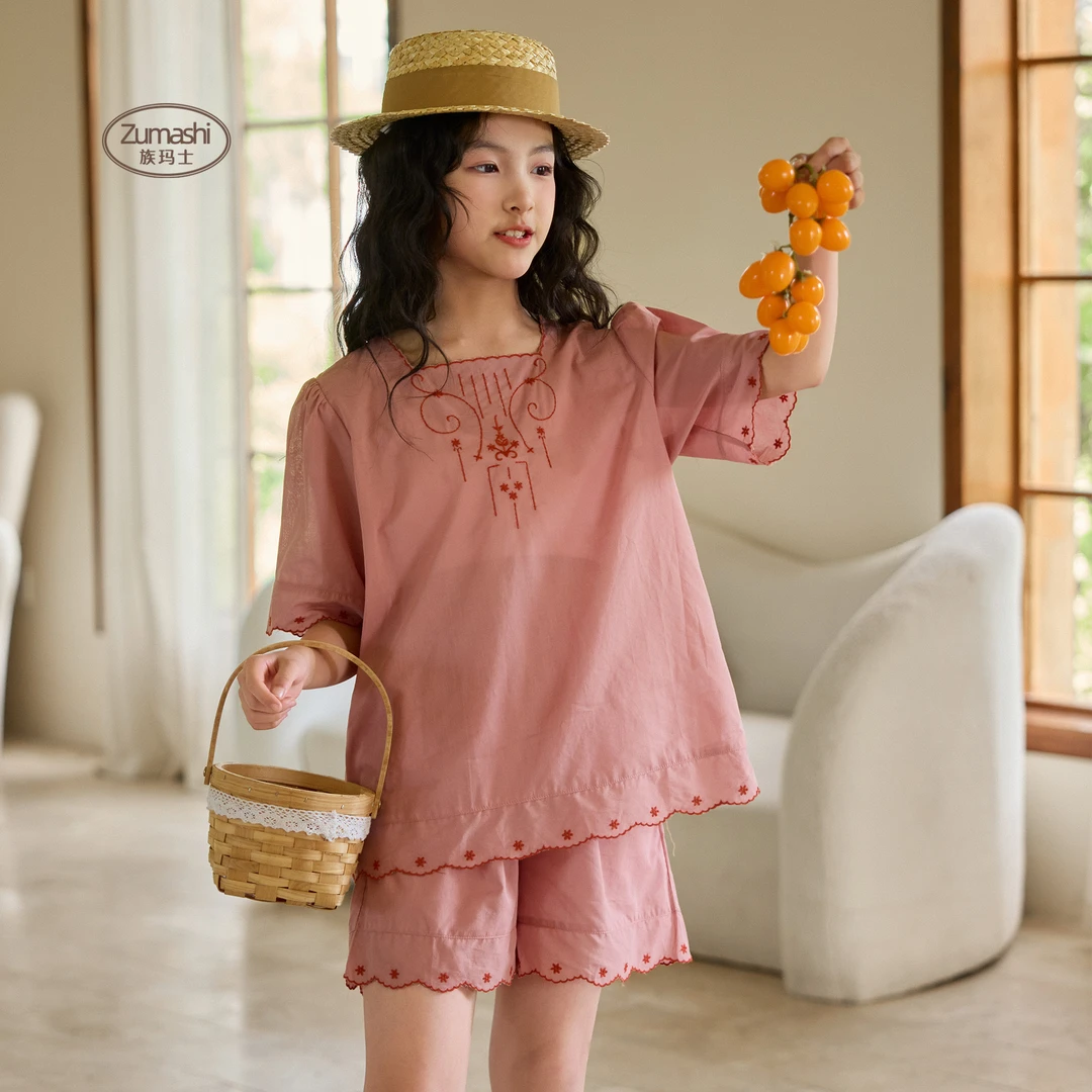 族玛士女童睡衣夏季梭织纯棉薄款儿童短袖裤套装小女孩公主家居服