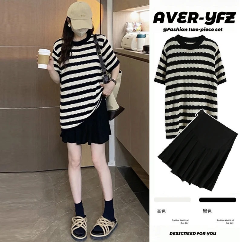 现货#孕妇夏装套装2025新款夏季镂空条纹短袖针织上衣+短裙两件套