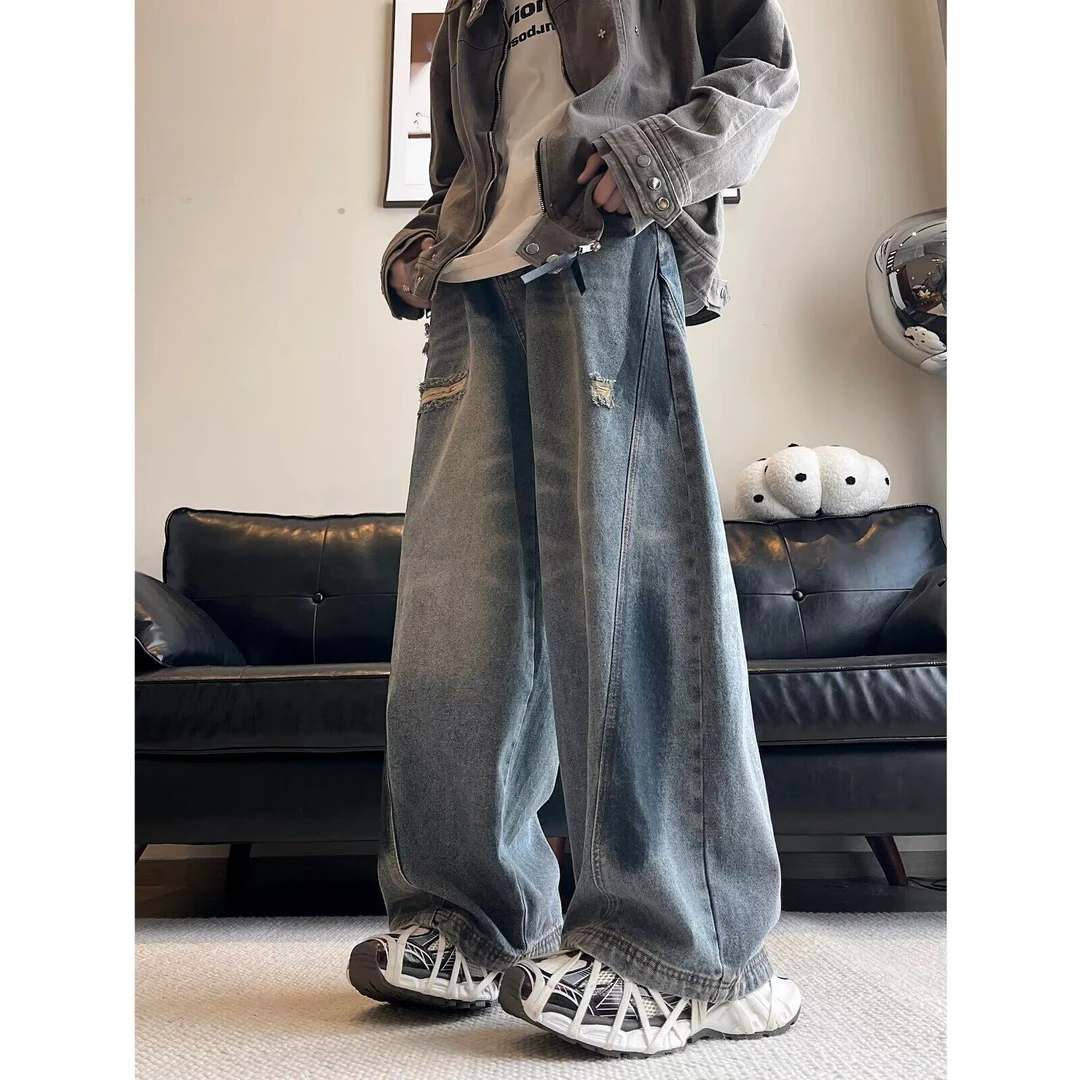 微喇黑色加绒美式涂鸦裤子高街复古宽松阔腿直筒水洗做旧男秋季