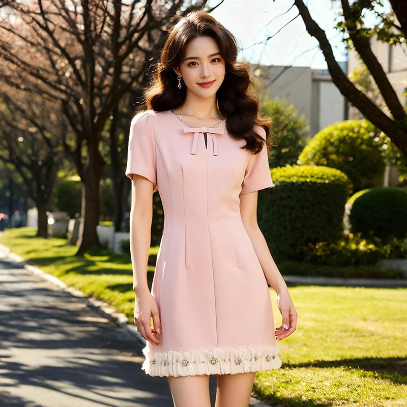 奢姿大码女装2025夏季气质短袖连衣裙胖妹妹蝴蝶结装饰花边裙子