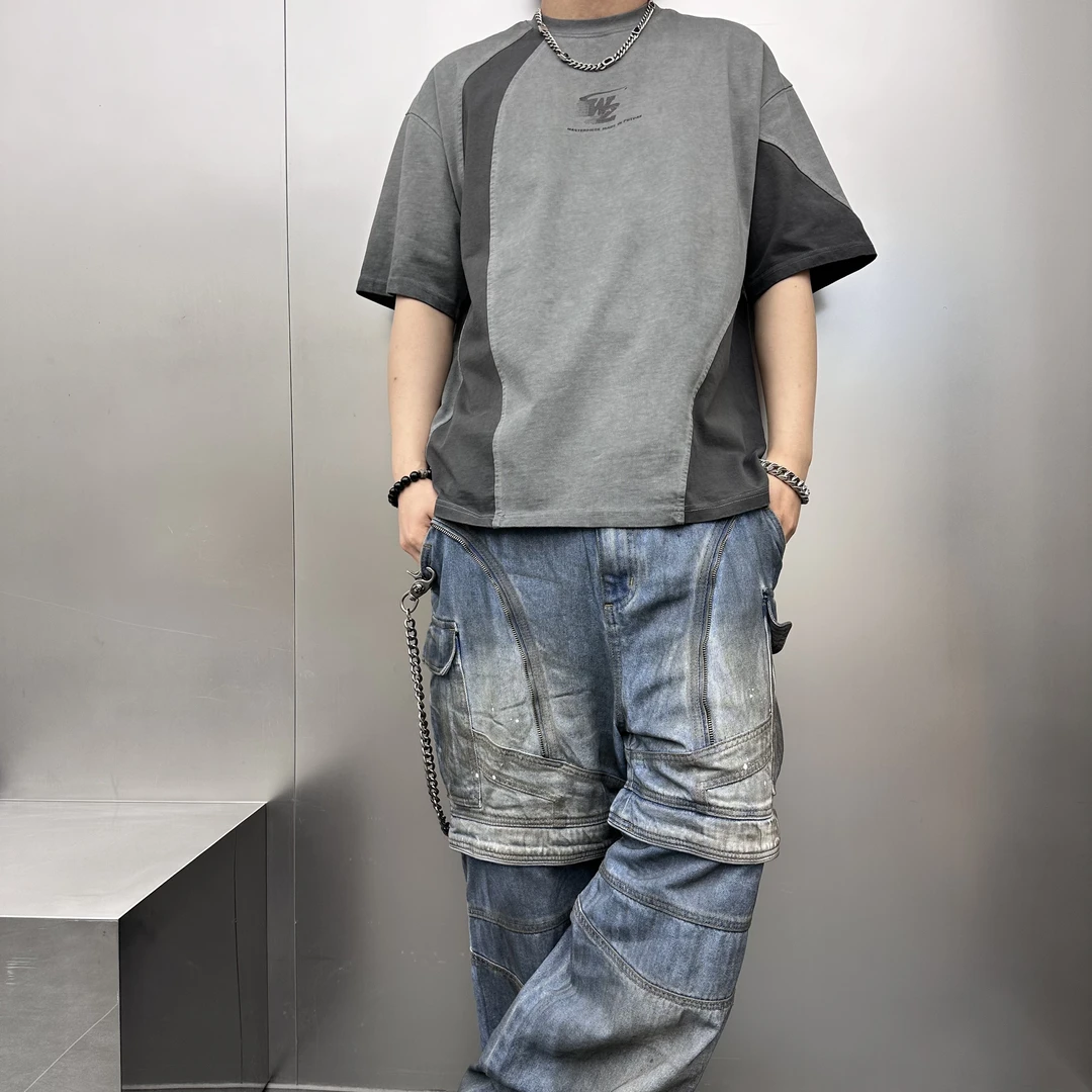 原创重磅灰黑色拼接短袖夏季男士潮牌短袖美式高街穿搭设计感体恤