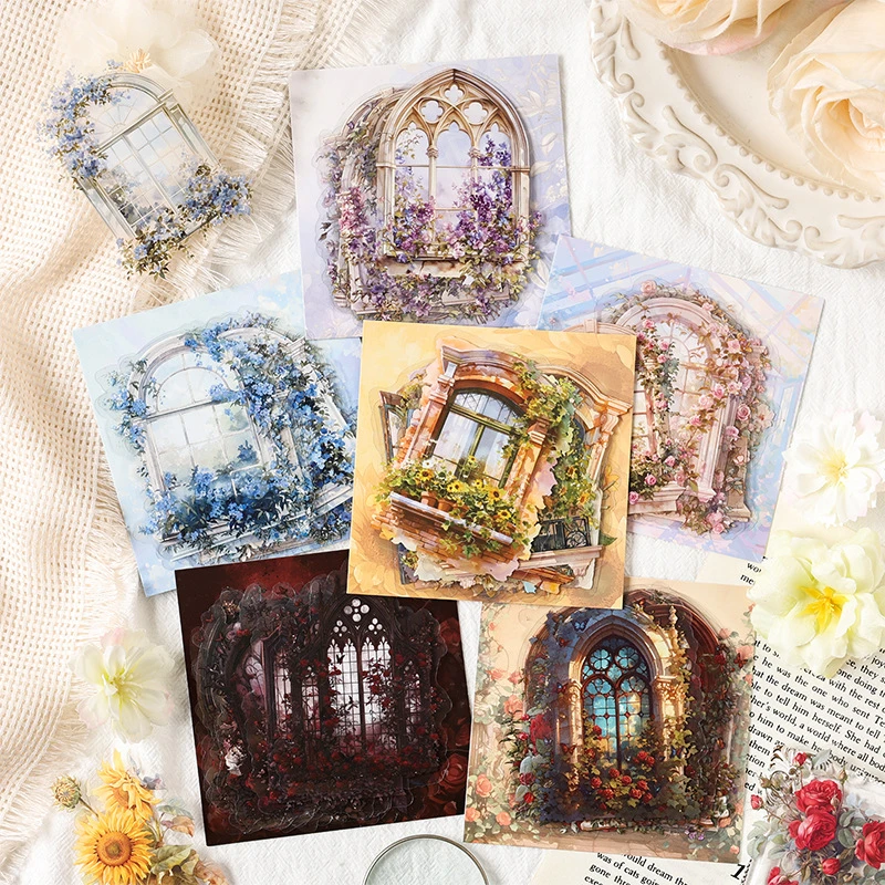 复古暗黑魅影PET贴纸包花窗绮梦系列复古手帐素材贴15张