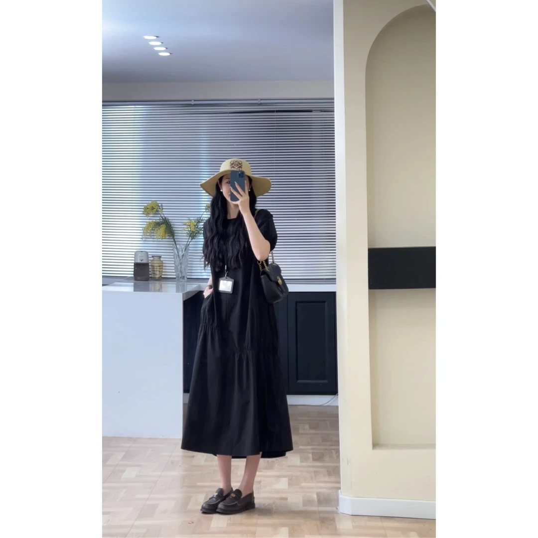 【胡UU】韩系宽松简约不规则褶皱显瘦氛围感连衣裙5422-1