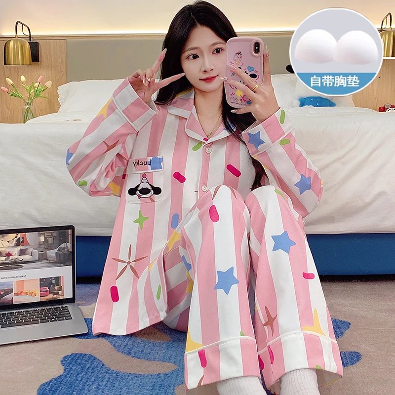 多巴胺卡通可爱印花长袖开衫睡衣女士春秋季新款带胸垫家居服套装