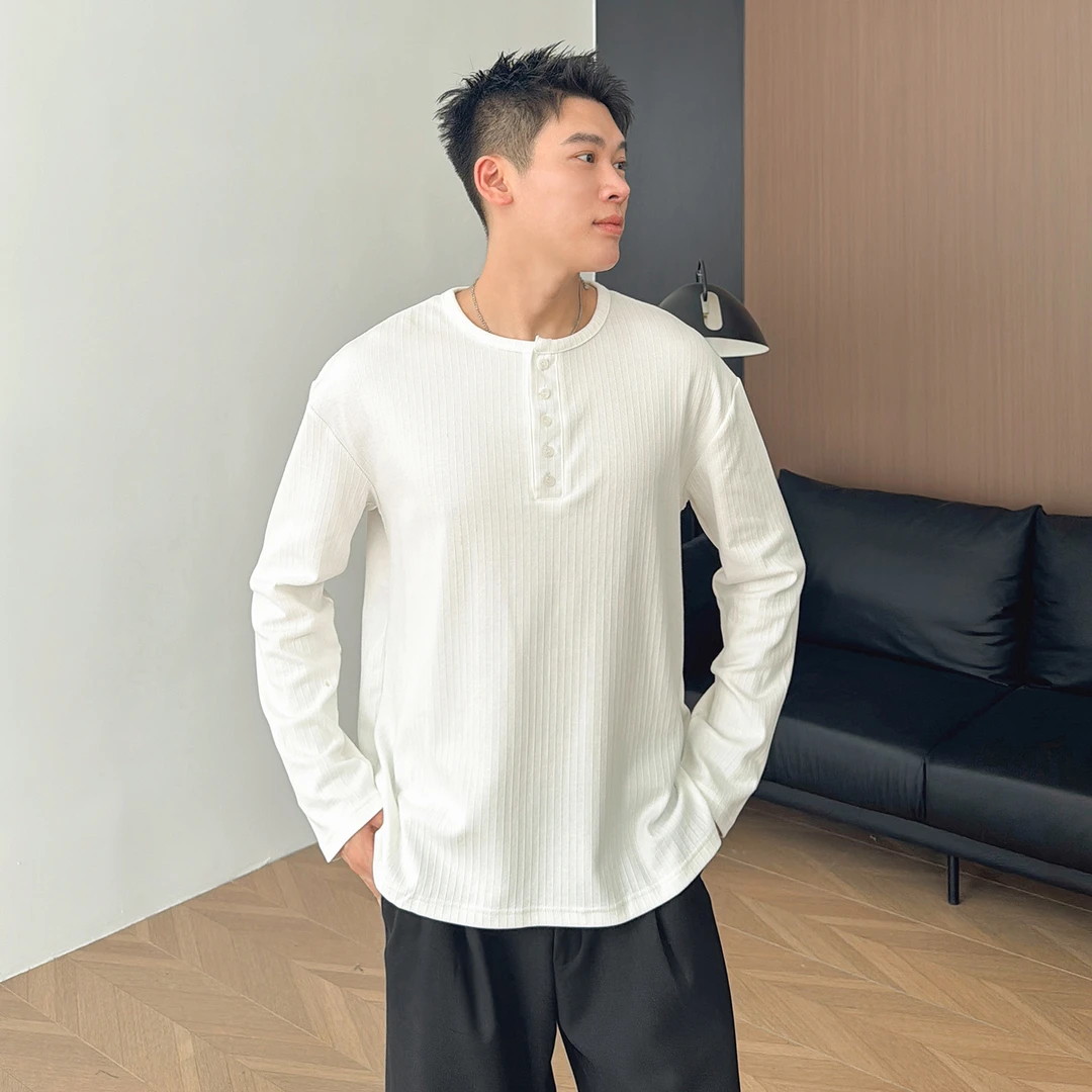 朱渣渣老钱风肌理感长袖亨利领T恤男士2025潮牌纯色内搭ins打底衫