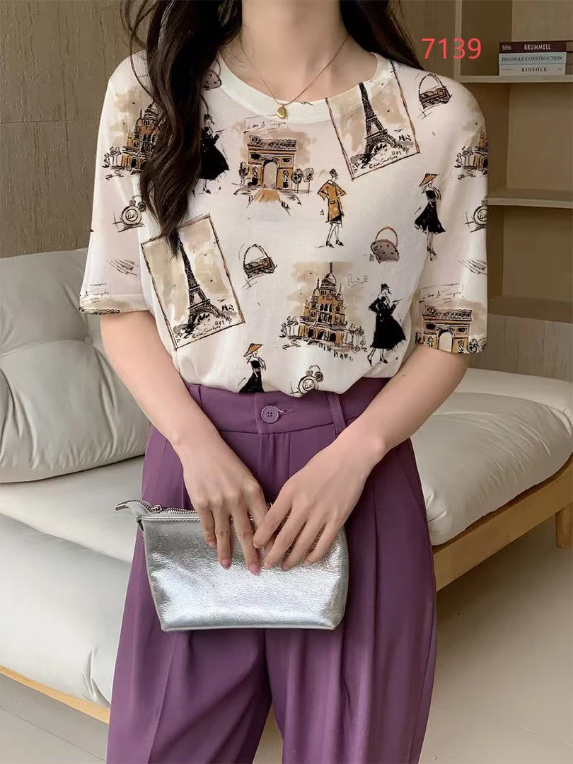 欧洲站2025夏季新款时尚显瘦圆领短袖T恤女水溶印花上衣2123