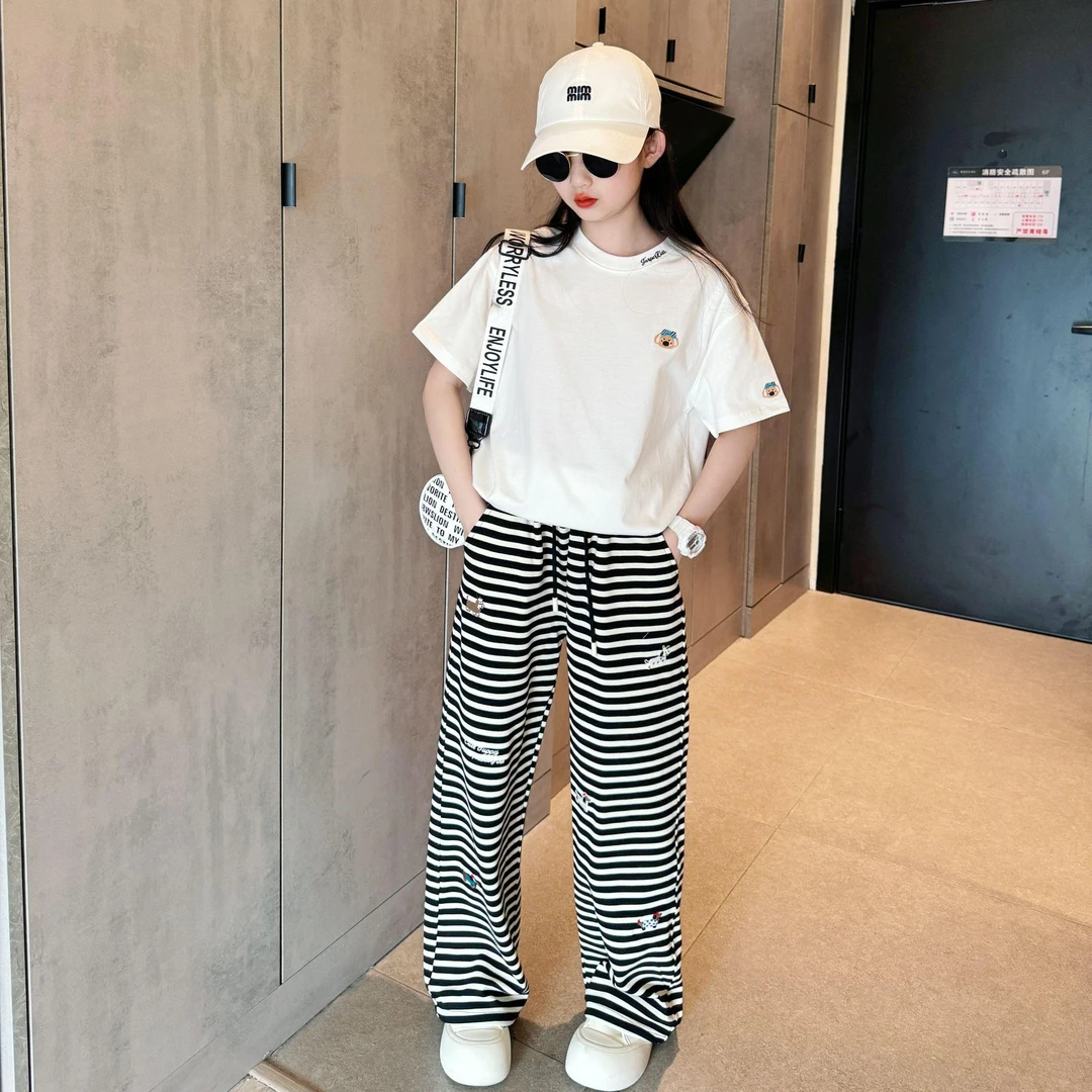 女童夏装套装新款女孩夏季短袖T恤条纹裤两件套儿童宽松夏款童装