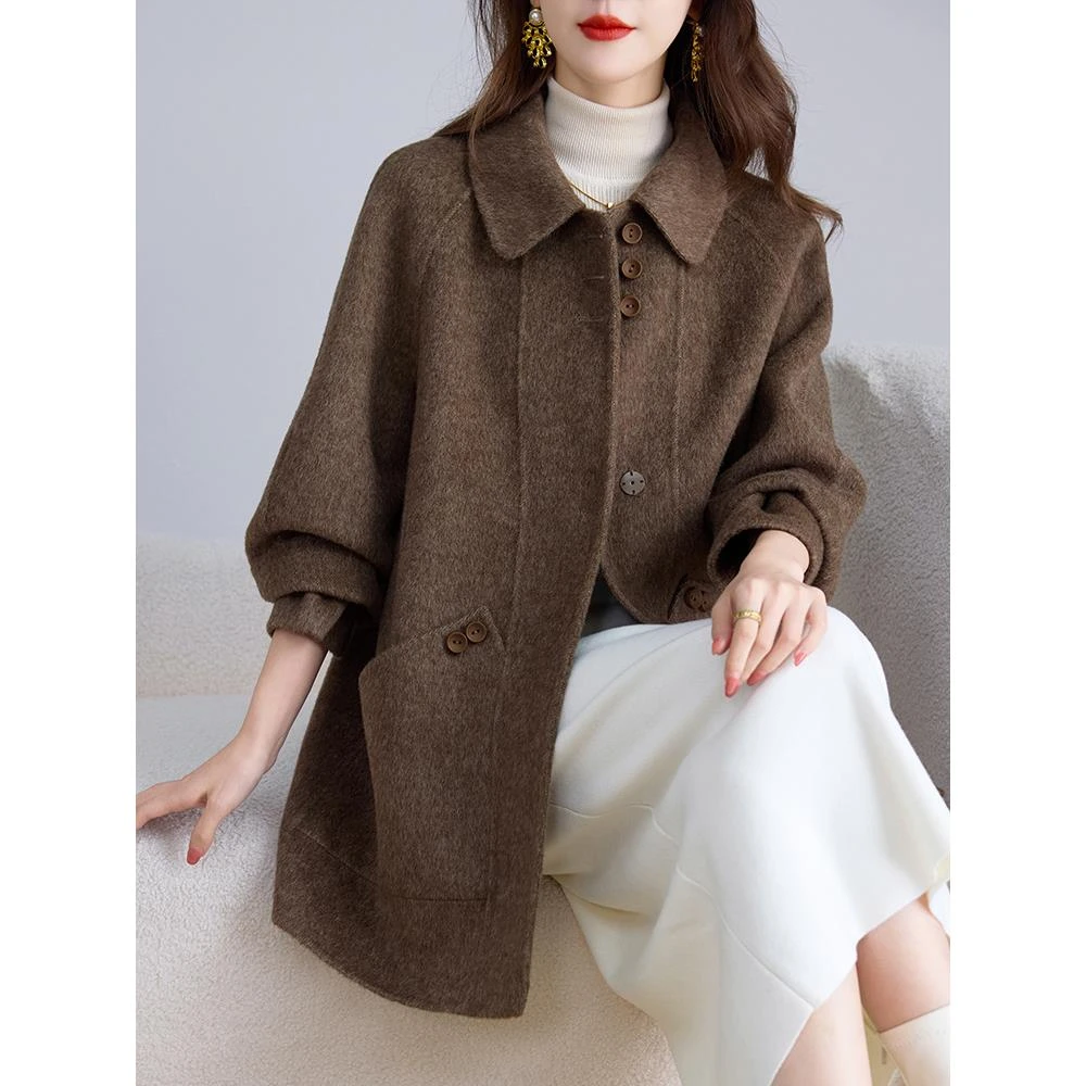 轻奢气质双面呢羊毛大衣女装中长款红色毛呢外套秋冬妈妈上衣加厚