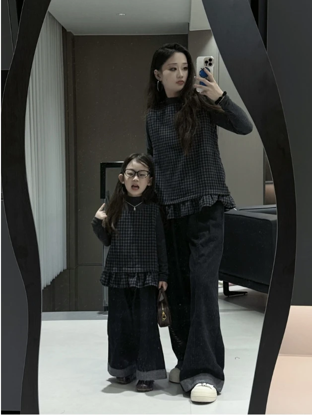 亲子女童秋装2025秋季新款2-12岁韩版格子马甲阔腿裤打底衫三件套