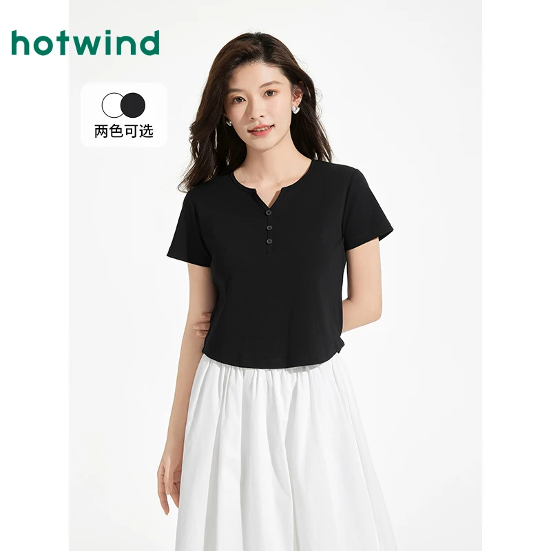 热风女士黑色短袖T恤2025年夏季新款纽扣装饰修身短T恤小个子上衣