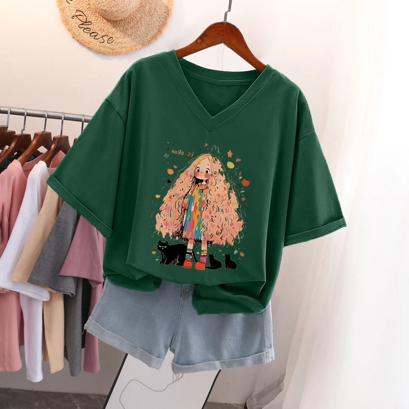 2025年新款夏季大码V领短袖纯棉t恤女装设计感小众宽松休闲上衣服