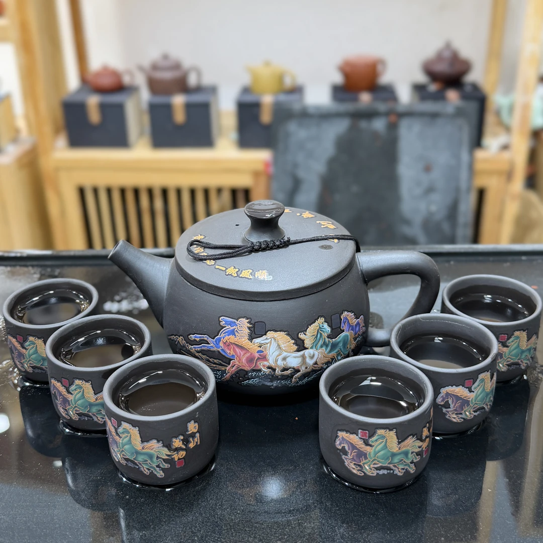 紫砂马到成功变色汉瓦壶一壶六杯