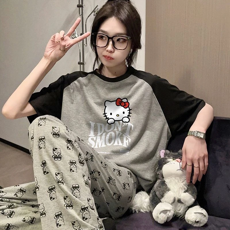 卡通kt猫甜美纯色休闲夏季6535棉睡衣女短袖长裤空调家居服可外