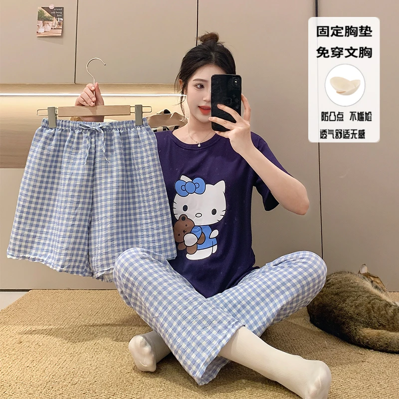 藏青色Hellokitty猫带胸垫短袖睡衣女夏季宽松休闲百搭学生家居服