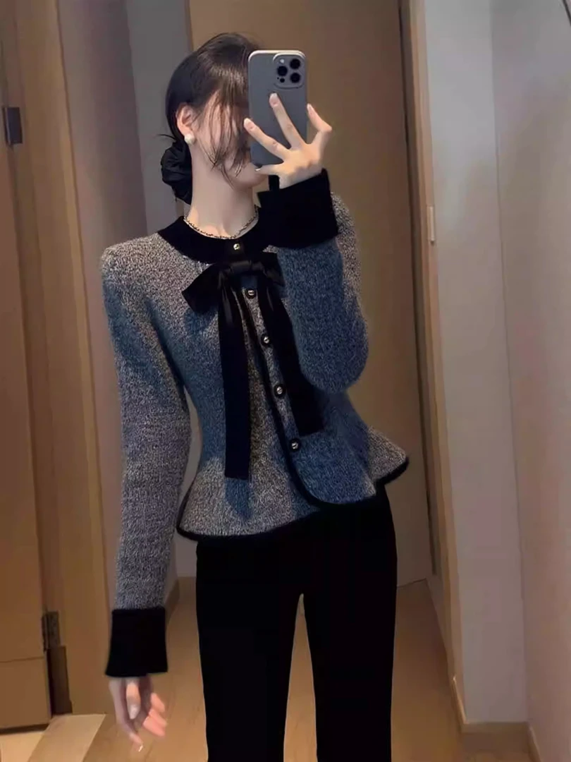 2025冬季新款灰色毛衣外套气质名媛独特超好看蝴蝶结领收腰短上衣