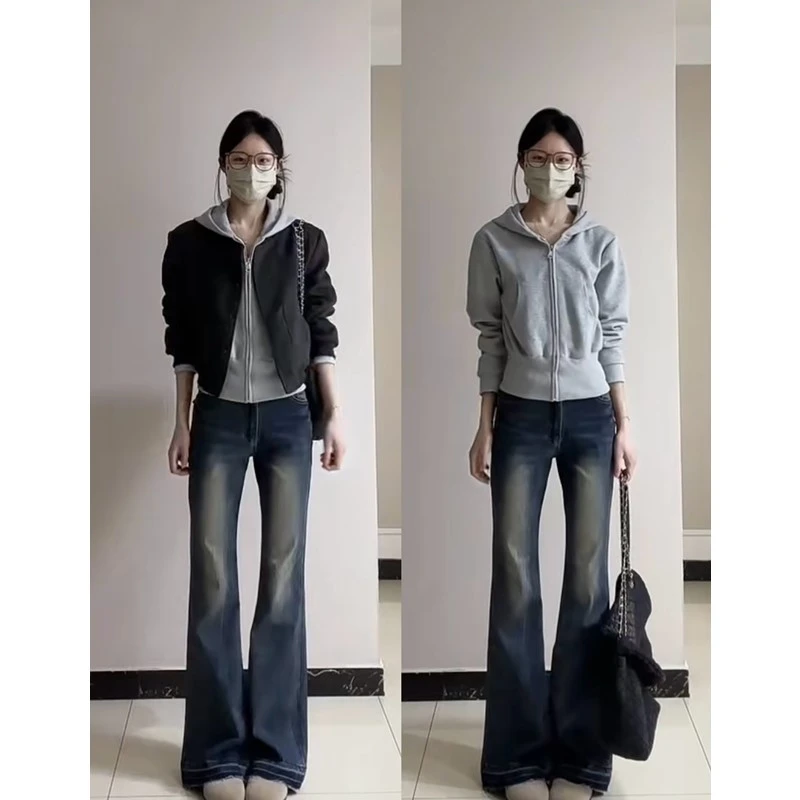 灰色小个子短款卫衣外套女春季2025新款韩系穿搭正肩修身内搭上衣