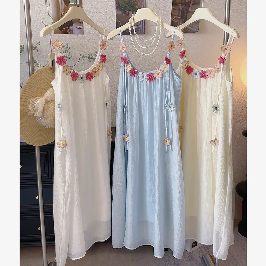 【运补4-9米】约会适用的度假风情复古连衣裙立体花朵抹胸吊带多巴