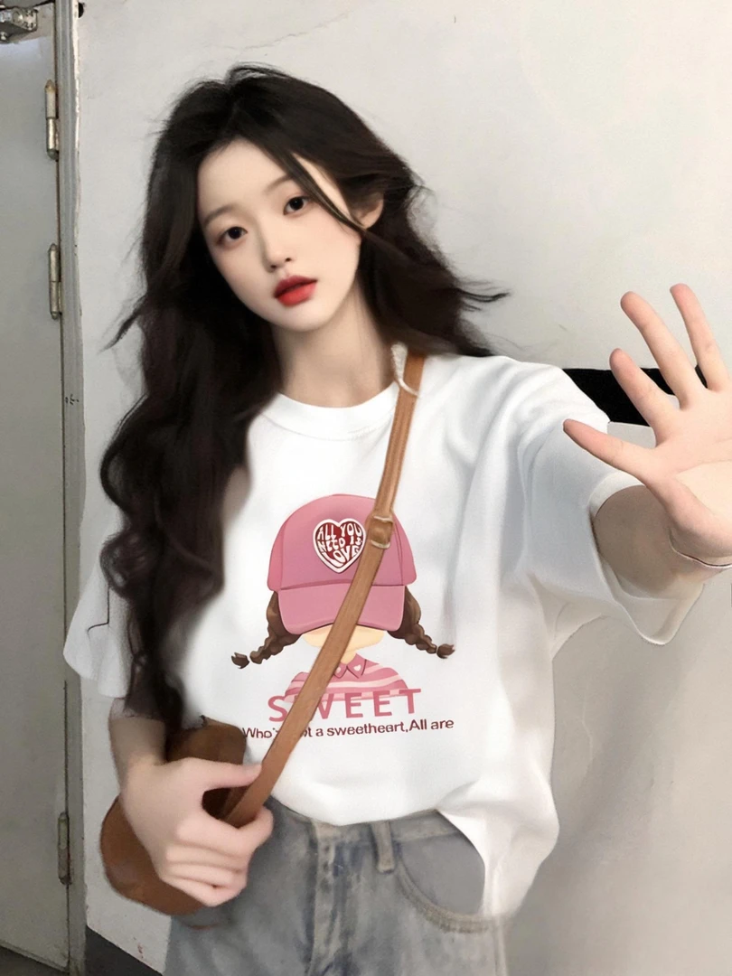 新款小众短袖圆领宽松型棉T恤打底纯棉白色上衣情侣装ins休闲百搭