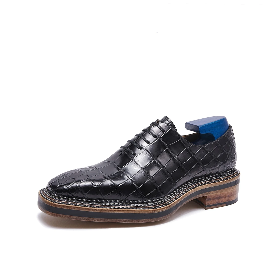 挪威缝增高厚底四线缝制鳄鱼皮手工鞋低帮系带真皮时尚经典皮鞋男