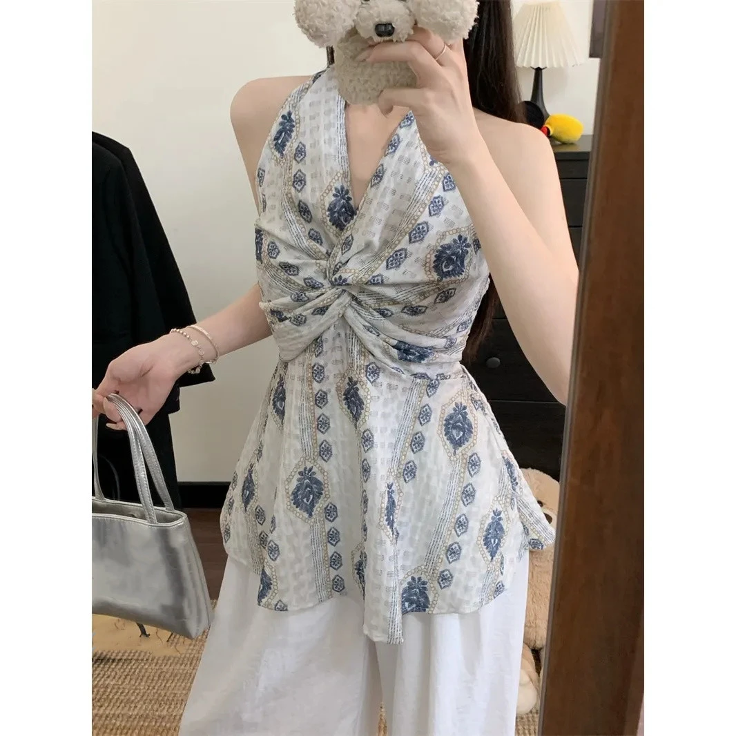 复古印花扭结挂脖背心女夏季气质别致收腰露背上衣