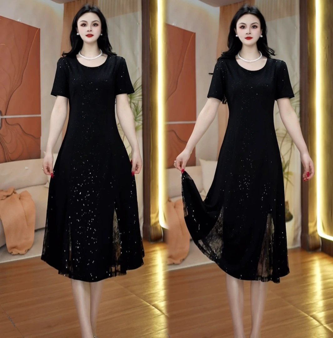 【步步生莲】新款蕾丝拼接星空连衣裙洋气短袖百搭显瘦中长裙