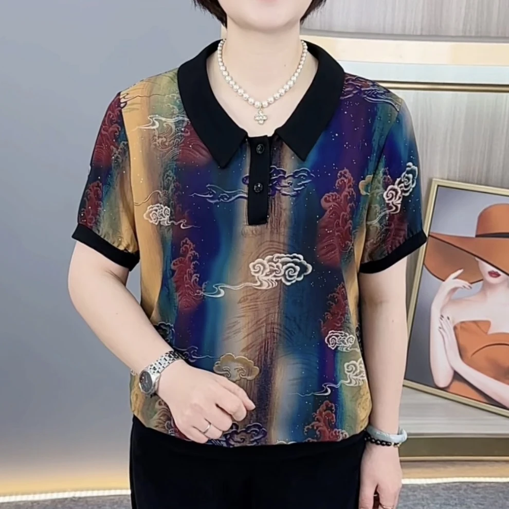 夏季新款时尚翻领洋气印花气质妈妈装宽松休闲百搭短袖上衣H2869