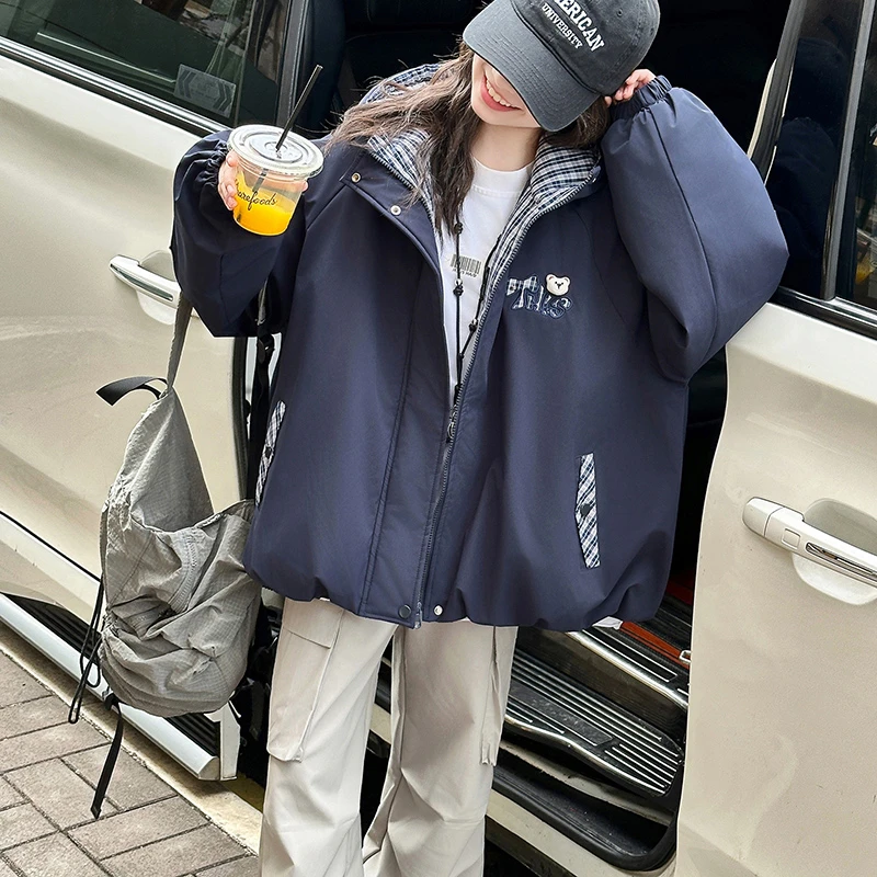 女童秋冬加棉外套2025新款儿童洋气时髦女大童二棉连帽派克服加厚