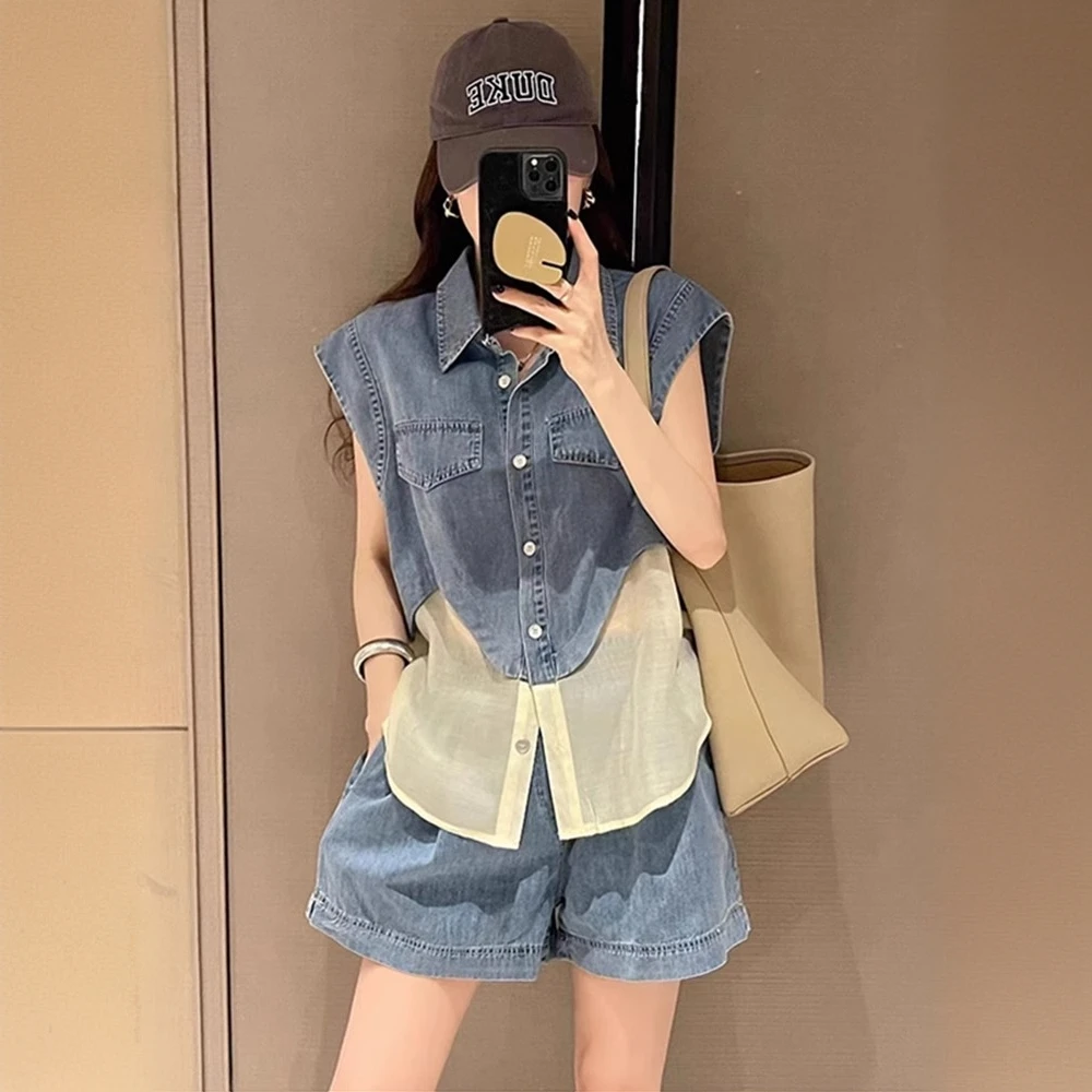 休闲运动套装女夏炸街减龄洋气小个子牛仔拼接无袖马甲短裤两件套