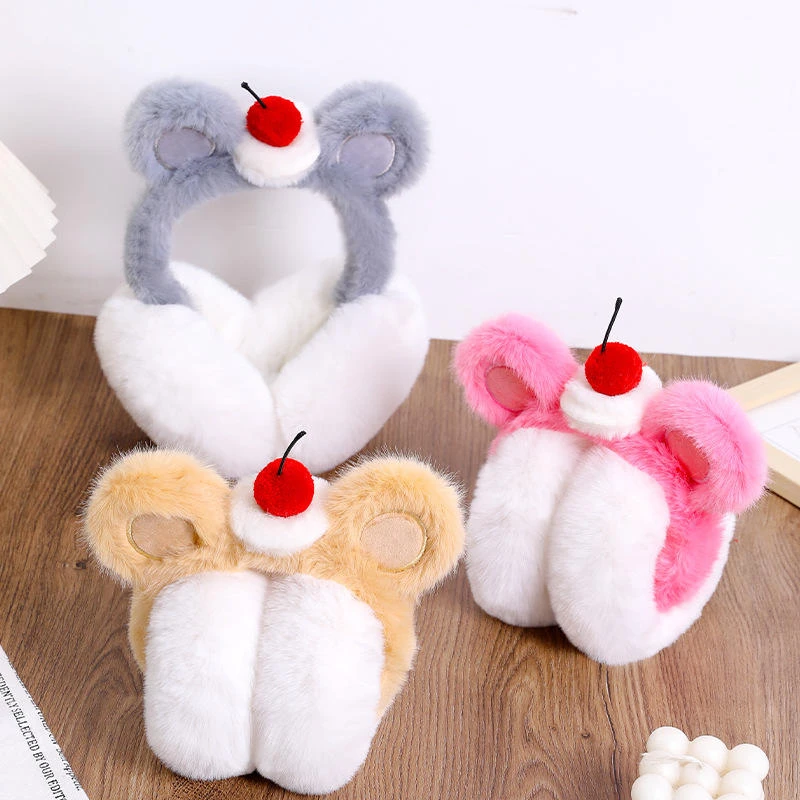 可爱蛋糕小熊毛绒耳罩女秋冬季加绒防寒保暖骑行护耳套可折叠耳包