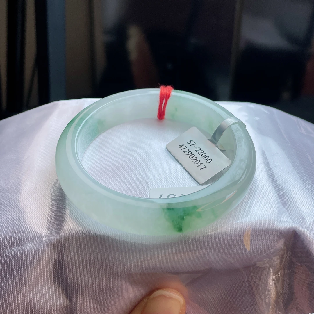 缅甸天然A货翡翠57圈口冰种化胶飘花宽边手镯冰飘花手镯