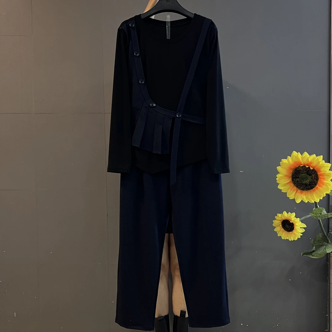 时尚小众设计感洋气拼接假两件上衣搭配裤子休闲百搭两件套